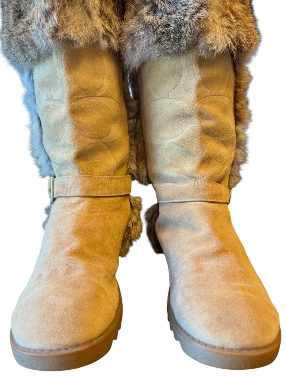 COACH Deeann Signature Embossed Beige Suede Rabbit Fur Trim Women’s Boots 7-1/2